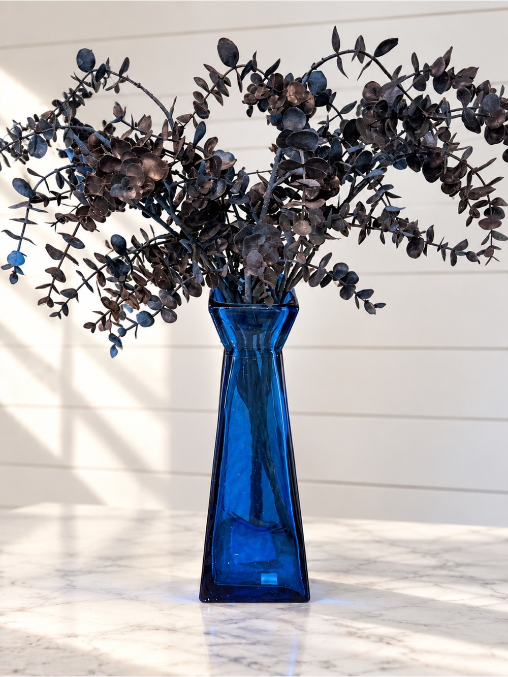 💙 Cobalt Blue Glass Vase w/ Dark Eucalyptus Floral Arrangement – Coastal Decor